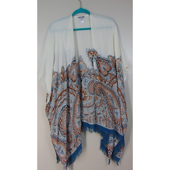 J Jill Paisley Poncho Shawl Womens One Size Open Front Fringe Boho Wrap - Picture 2 of 12